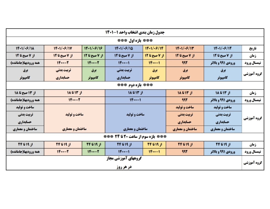 جدول زمانبندی انتخاب واحد نیمسال اول سالتحصیلی 1401-1402